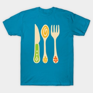 CUTLERY Retro Vintage Kitchen Utensils Knife Spoon Fork in Yellow Orange and Green - UnBlink Studio by Jackie Tahara T-Shirt